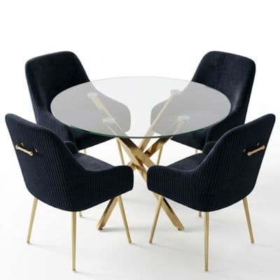 100cm Round Glass Gold Dining Table & 4 Marco Black Gold Chairs Set