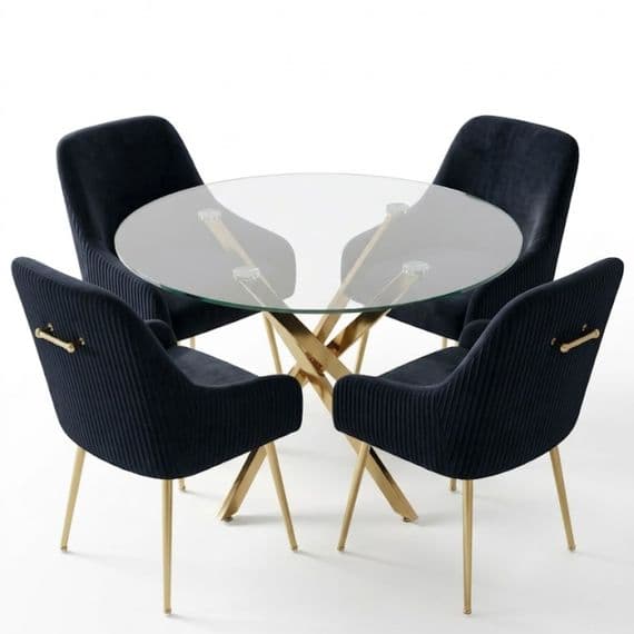100cm Round Glass Gold Dining Table & 4 Marco Black Gold Chairs Set