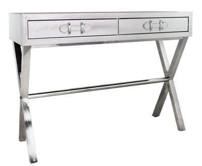 2 Drawer Faux Leather Snake Console Table with Belt Handles Silver