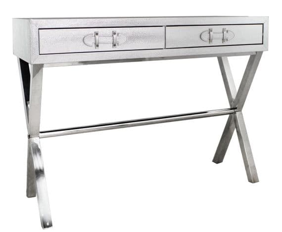 2 Drawer Faux Leather Snake Console Table with Belt Handles Silver