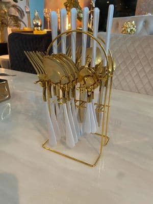 24 Piece Gold & White Cutlery Set With Stand