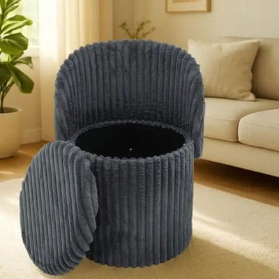 3 In 1 Charcoal Harp Ribbed Ottoman Storage Stool - Modern Velvet Seat