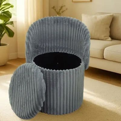 3 In 1 Grey Harp Ribbed Ottoman Storage Stool - Modern Velvet Seat
