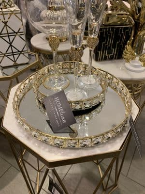 31cm Round Mirror Tray Diamonds Gold