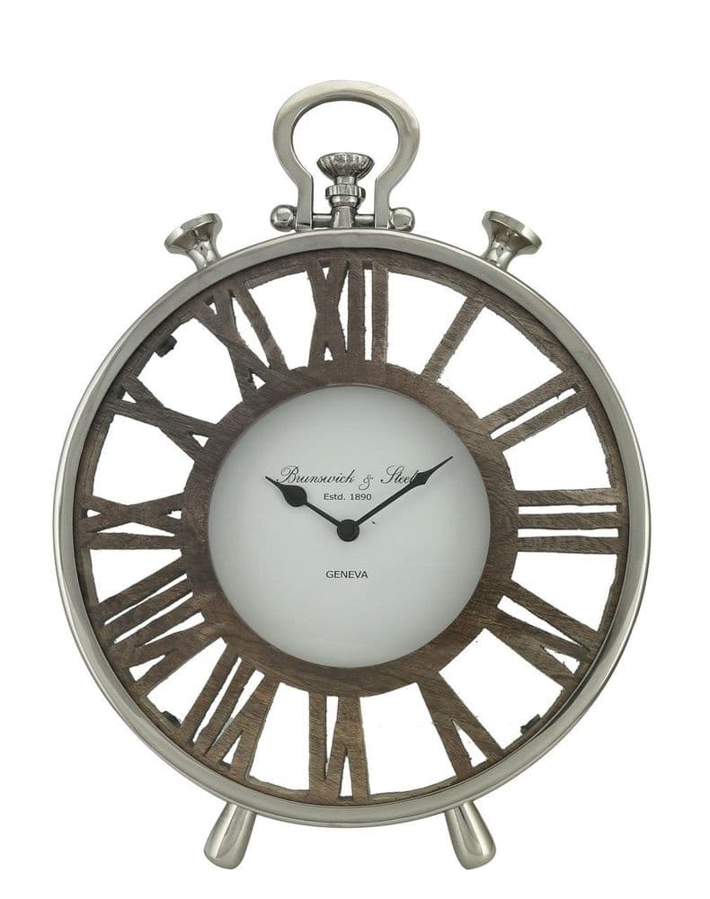42 5cm Round Table Clock Nickel And Wood