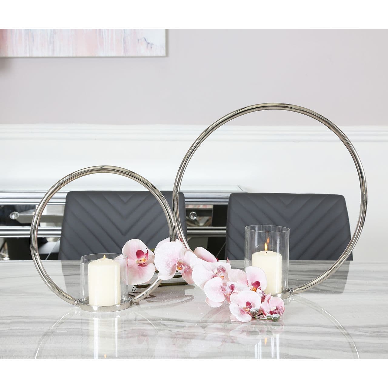 45cm Ring Pillar Candle Holder With Glass Cup Nickel