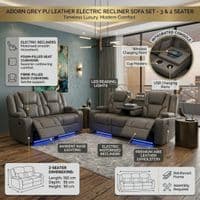 Adorn Grey PU Leather Electric Recliner Sofa Set - 3 & 2 Seater