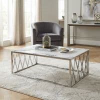 Alba Silver Coffee Table with White Marble Top & Steel Frame 120cm