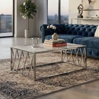 Alba Silver Coffee Table with White Marble Top & Steel Frame 120cm