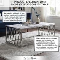 Alba Silver Coffee Table with White Marble Top & Steel Frame 120cm