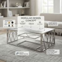 Alba Silver Coffee Table with White Marble Top & Steel Frame 120cm