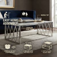 Alba Silver Coffee Table with White Marble Top & Steel Frame 120cm