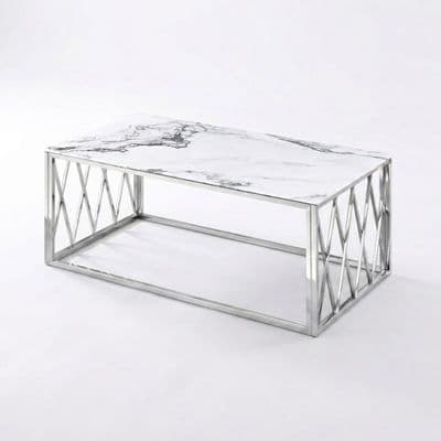 Alba Silver Coffee Table with White Marble Top & Steel Frame 120cm