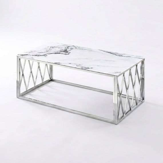 Alba Silver Coffee Table with White Marble Top & Steel Frame 120cm