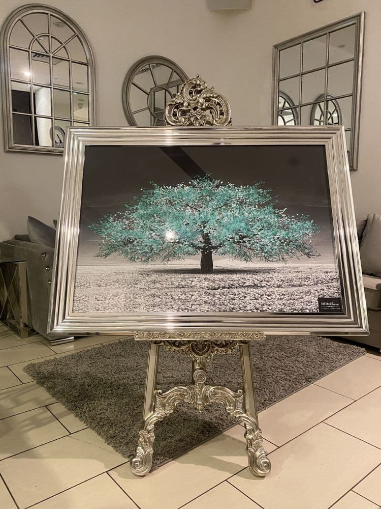 Aqua Blossom Tree Landscape Wall Art Chrome Step Frame 115Cm X 90Cm