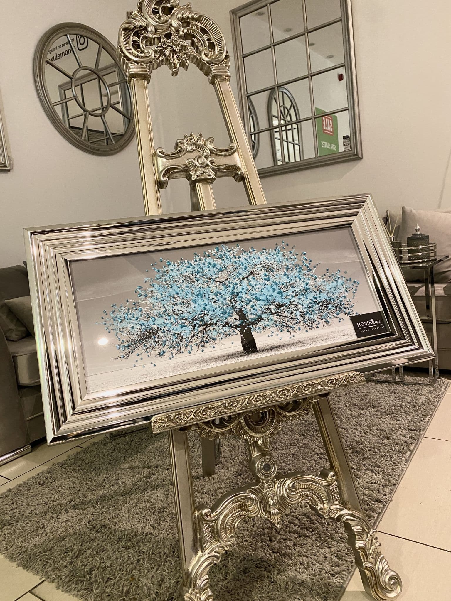 Aqua Blossom Tree Wall Art Chrome Step Frame 85Cm X 45Cm