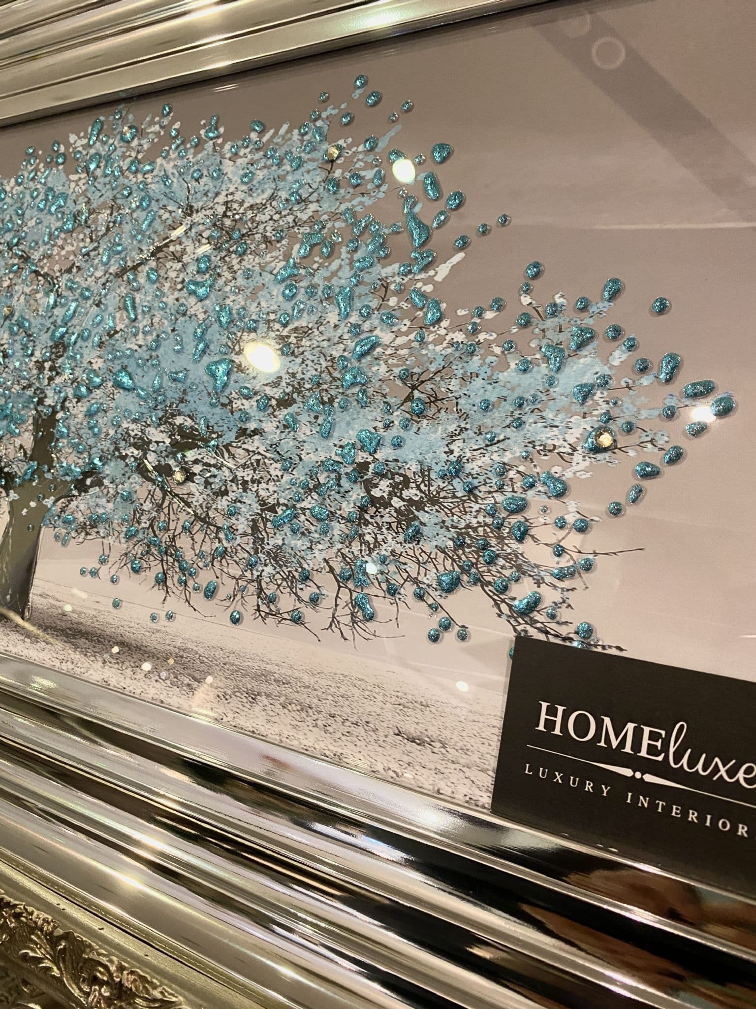 Aqua Blossom Tree Wall Art Chrome Step Frame 85Cm X 45Cm