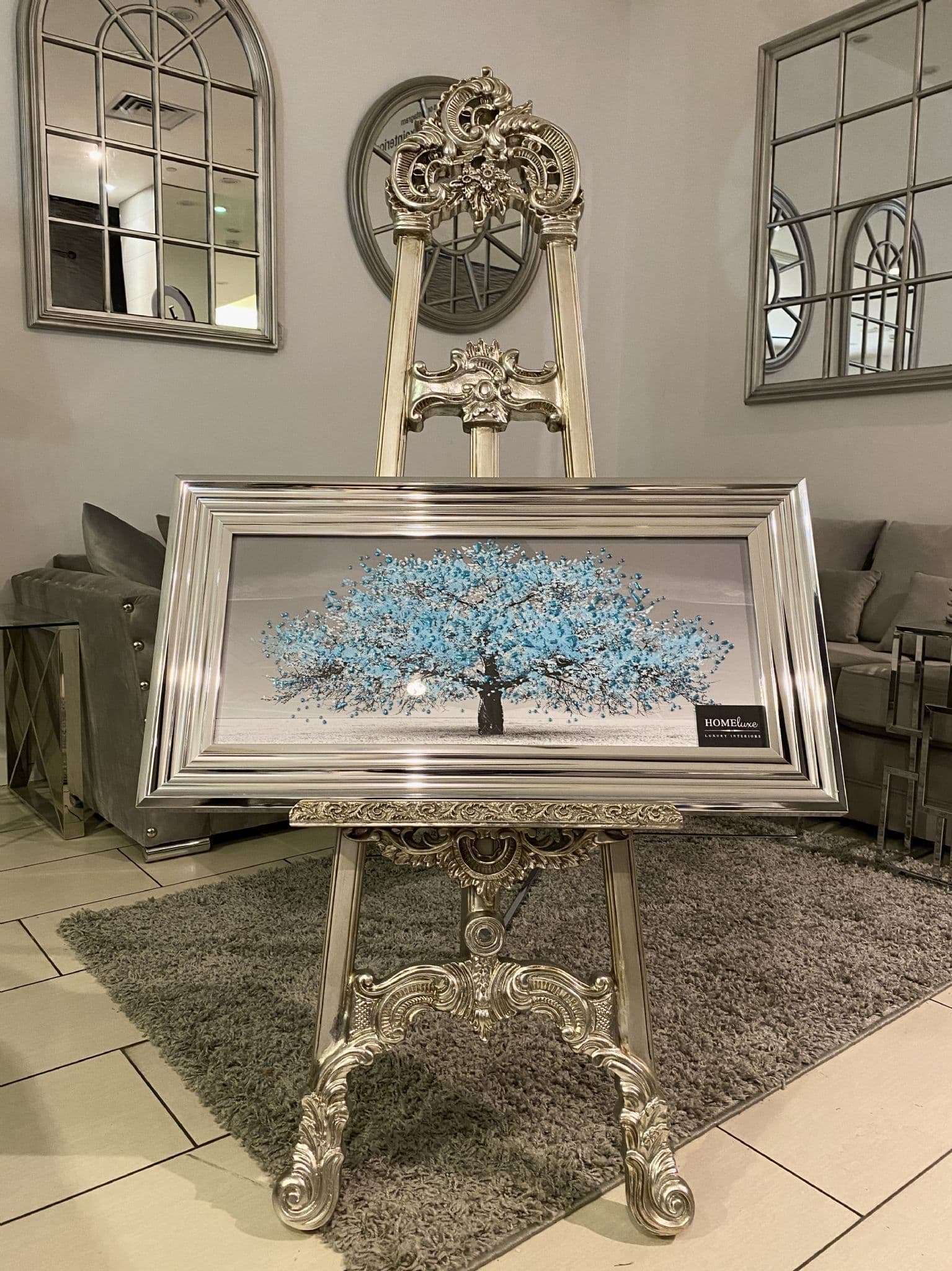 Aqua Blossom Tree Wall Art Chrome Step Frame 85Cm X 45Cm