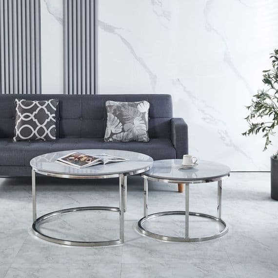 Aria Grey Ceramic & Silver Nesting Coffee Tables - Set of 2 Round