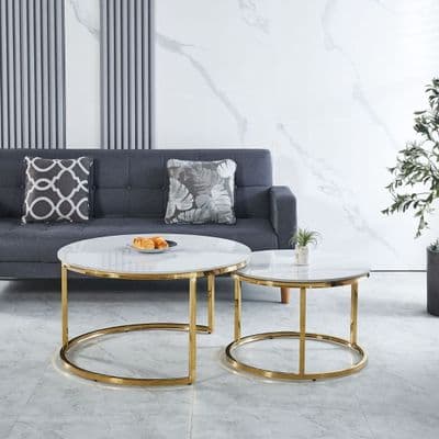 Aria White Ceramic & Gold Nest Coffee Tables - Set of 2 Round