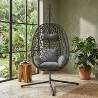 Aura Haus Charcoal Hanging Nest Egg Chair Garden Swing Stand Cushions