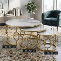 Ayla Gold Nest of 3 Marble Coffee Tables with Steel Frame Set