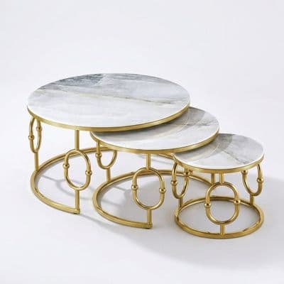 Ayla Gold Nest of 3 Marble Coffee Tables with Steel Frame Set