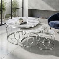 Ayla Silver Nest of 3 Marble Coffee Tables with Steel Frame Set