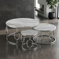 Ayla Silver Nest of 3 Marble Coffee Tables with Steel Frame Set