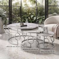 Ayla Silver Nest of 3 Marble Coffee Tables with Steel Frame Set