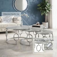 Ayla Silver Nest of 3 Marble Coffee Tables with Steel Frame Set