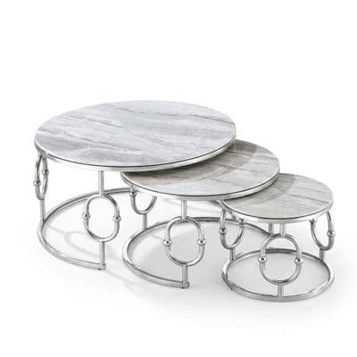 Ayla Silver Nest of 3 Marble Coffee Tables with Steel Frame Set