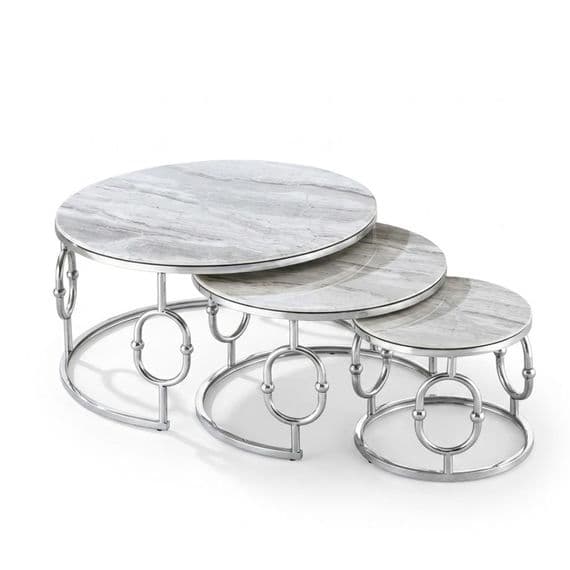 Ayla Silver Nest of 3 Marble Coffee Tables with Steel Frame Set