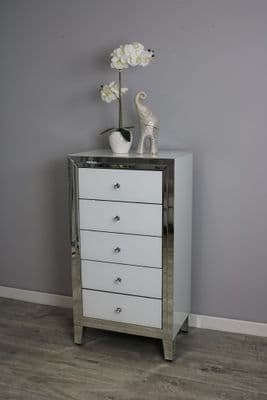 Bianco Tallboy 5 Drawer White Mirror Chest