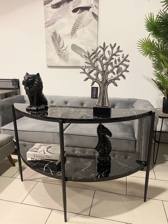 Black Half Moon Marble Effect Console Table