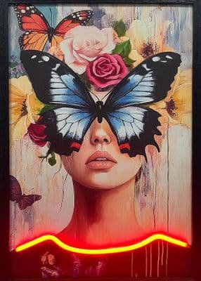 Butterfly Face Neon LED Wall Art - 40x60cm Girl Portrait Canvas Aesthetic Decor