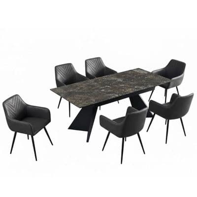 Chicago Black & Gold Ceramic Extending Table & 6 Stanford Grey Chairs