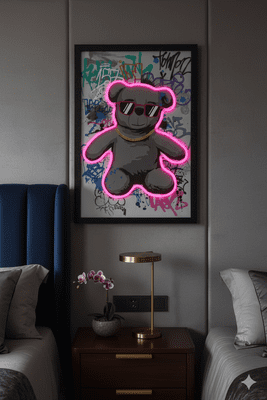 Cool Teddy Bear Neon LED Wall Art - 40x60cm Graffiti Canvas USB