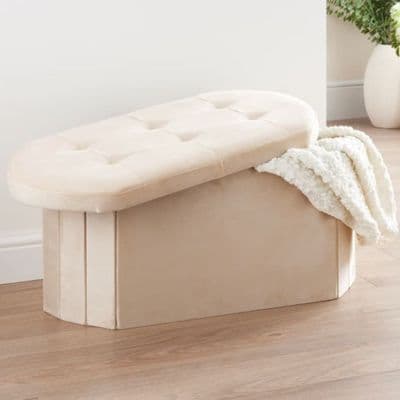 Cream Velvet Oval Storage Ottoman - Padded Bench & Blanket Box