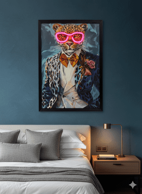 Dapper Leo' Neon LED Wall Art - 40x60cm Leopard in Suit Canvas USB