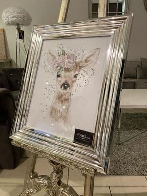 Deer Floral Watercolour Wall Art Chrome Step Frame 55Cm X 65Cm
