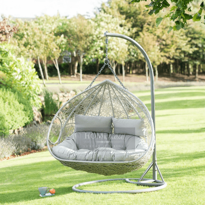 Double Swinging Rattan Egg Chair with Cushions In Grey