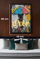 DREAM' Neon LED Wall Art - 40x60cm Girl with Umbrella Canvas USB