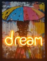 DREAM' Neon LED Wall Art - 40x60cm Girl with Umbrella Canvas USB