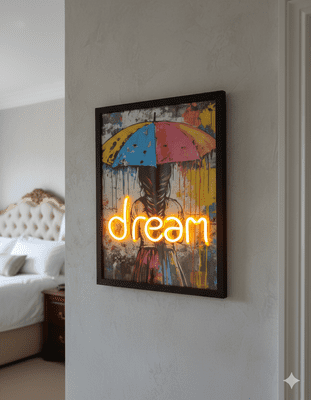 DREAM' Neon LED Wall Art - 40x60cm Girl with Umbrella Canvas USB