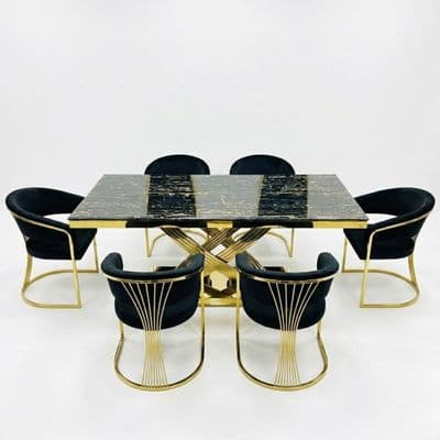 Elina 180cm Black & Gold Marble Dining Table & 6 Porado Chairs Set