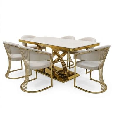 Elina 180cm Cream & Gold Marble Dining Table & 6 Porado Chairs Set