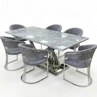 Elina 180cm Grey & Chrome Marble Dining Table & 6 Porado Chairs Set