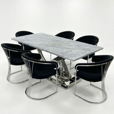Elina 180cm Grey Marble Dining Table & 6 Black Porado Chairs Set