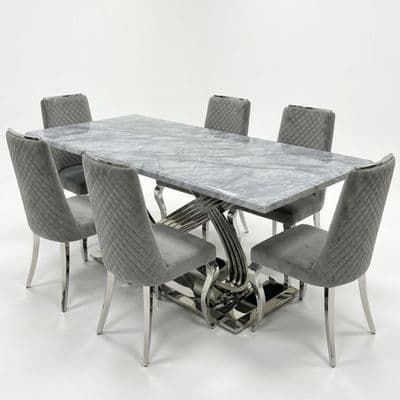 Elina 180cm Grey Marble Dining Table & 6 Grey Roxby Dining Chairs Set